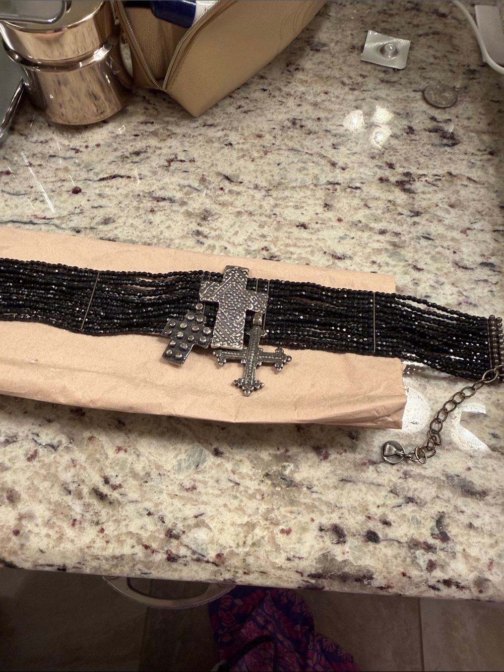 Multi-Strand Black stones with sterling silver Cross Charms - Picture 6 of 7